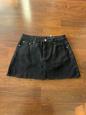 Elleven NWT Womens Small Black Denim Mini Skirt Raw Frayed Hem Y2K